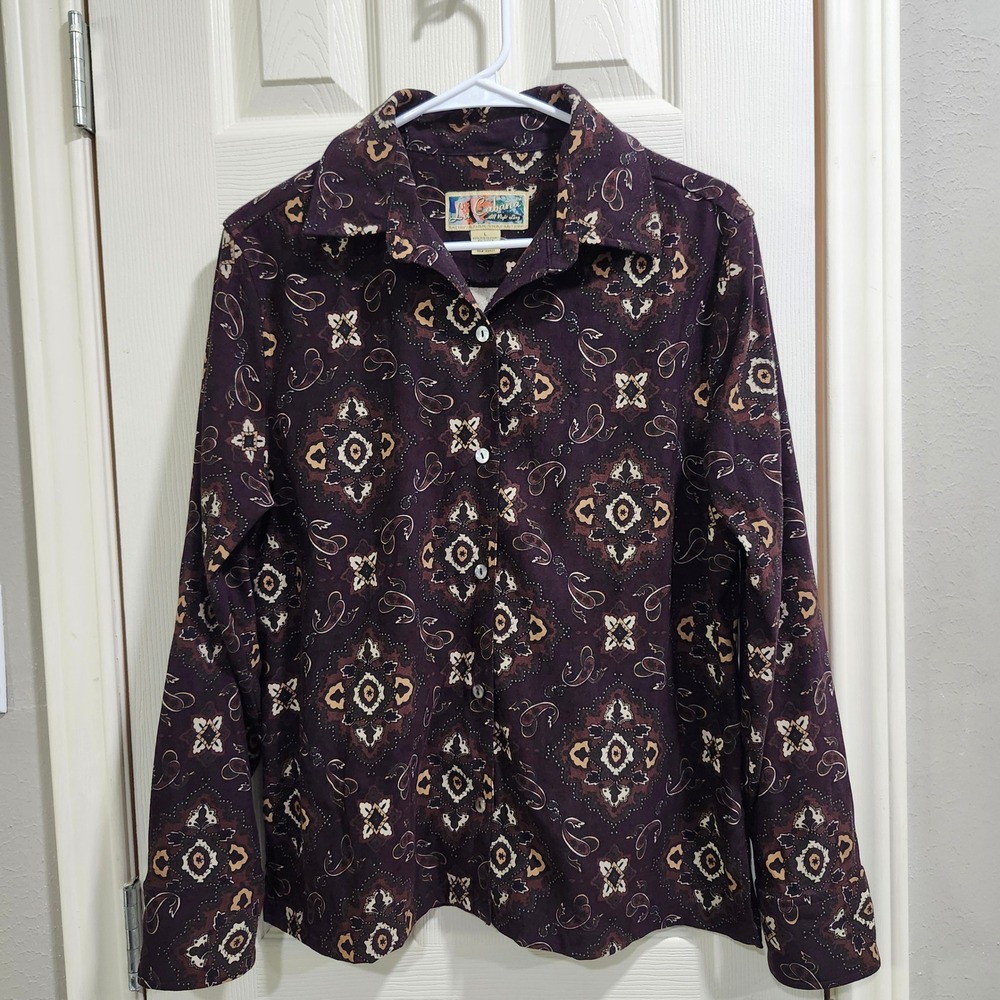 La Cabana Purple Paisley Medallion Sueded Button Down Shirt Large L Long Sleeve
